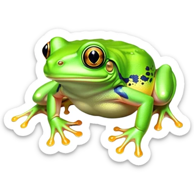 Cinematic Noble Green Tree Frog Portrait Emoji, Poised and alert, with a compact, vibrant body clad in bright, glossy green skin accented by delicate, sticky toe pads and large, bulging, observant eyes, Simplified yet sharp and sophisticated features, highly detailed, glowing with a soft, verdant luminescence, high shine, intelligent and sprightly, stylized with an air of tropical elegance, focused and attentive, soft glowing outline, capturing the essence of a watchful and confident amphibian that appears ready to leap out of the screen with effortless agility! sticker
