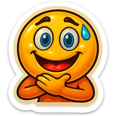 Make the emoji smile while choking itself, keep the same retro stickers style, no background. sticker