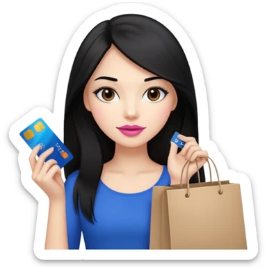 Girl with long black hair, pink lipstick, brown eyes holding shopping bags and blue credit card sticker