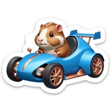 dark crystal blue and rosegold-accented cyber truck-faceted-body electric racing car driven by a small cute but fearless Guinea pig with rear spoiler, roll bar, and wheely bar sticker