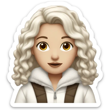 white girl with wavy brown hair and black eyes wearing a white and brown winter outfit sticker