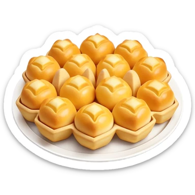 3D rendered authentic Hong Kong egg puffs (港式鸡蛋仔) on a street food tray, traditional hexagonal bubble shape, golden color, hyper-realistic texture, glossy finish, street food presentation sticker