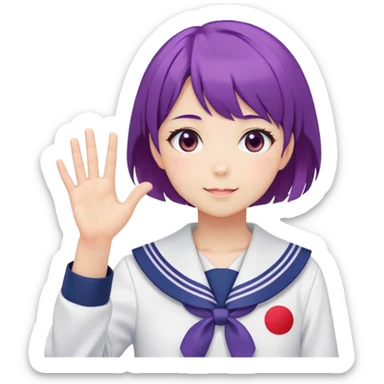 Anime girl with short bright purple hair wearing Japanese sailor style school uniform, composed posture with hand on hip but shyly waving with other hand, blushing face and timid smile sticker