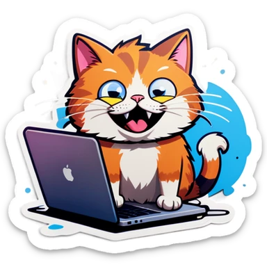 A cartoon-style sticker of a cat that has worked too much and gone crazy. The cat has messy fur, wide, manic eyes with dark circles, and a crazed grin. It sits at a tiny desk with scattered papers, a cracked coffee cup, and a flickering laptop. Its tail is twitching, and there are small motion lines around its head to show stress. The design is colorful, exaggerated, and expressive, perfect for a sticker. The background is minimal or transparent to focus on the cat’s chaotic energy. sticker