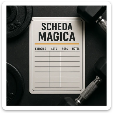 realistic gym workout plan card with the text 'scheda magica', color accents, details like weights or dumbbells, motivational look sticker