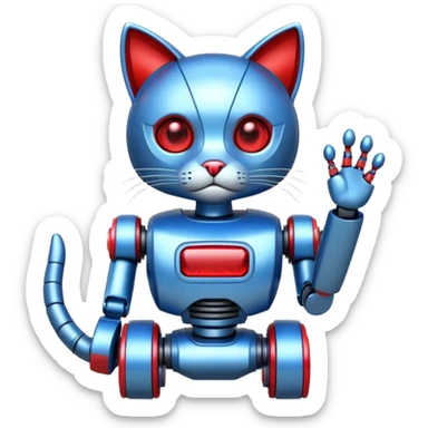 generate robot cat, glossy, realstic, red and blue color, write on tag LMX sticker