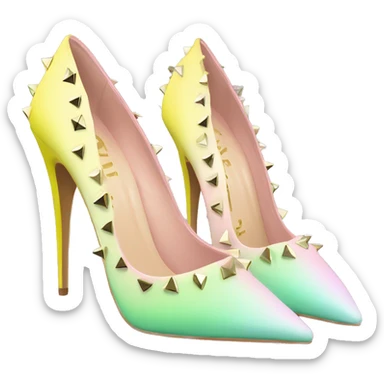 Hyper Realistic top front view of a pair of pastel pink,pastel green,and pastel yellow ombre gold studded pointed toe stiletto shoes.  sticker