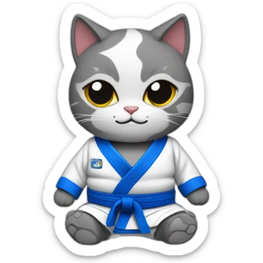 Adult cat wearing a blue Jiu-Jitsu gi with a grey belt sticker