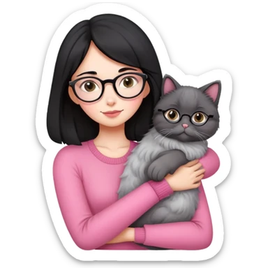 Beautiful skinny woman medium black hair with oval glasses in pink outfit hug persian-angora grey cat sticker