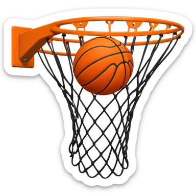A close-up of a basketball shield and hoop with the ball swishing through the net, captured mid-air. The background emphasizes the tension and excitement of the moment, with the rim and net in sharp focus, showcasing the precision and skill of the sport. sticker