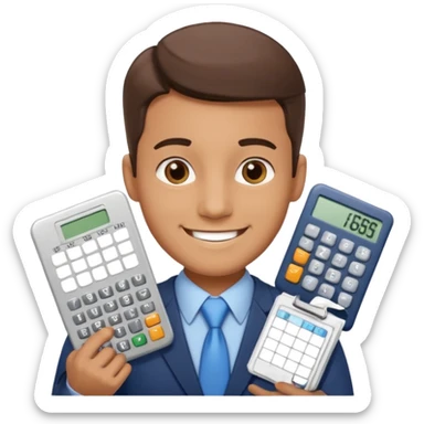 emoji, of a male AUDITOR smiling with Finance spreadsheet , a calculator,plus ADD A puzzle and a Balance for accounting. sticker