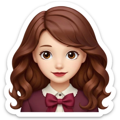 girl wavy long brown hair with a burgundy bow sticker