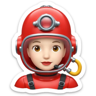 3D cartoon-style human character in the Apple emoji style, wearing a red diving helmet with glass visor sticker