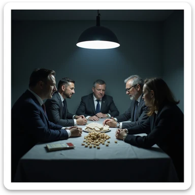 secret meeting in a pharmaceutical company: executives around a table with sugar, sweets and boxes of drugs, dark and strategic atmosphere, low lights, realistic details, 4K quality sticker