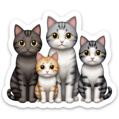 3 different coloured short haired cats including; a dark brown tabby and white cat, and a dark grey and white  sticker