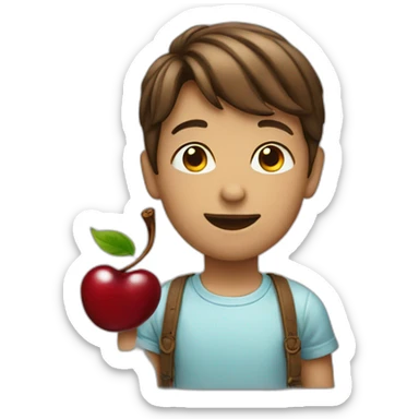A boy with cherry sticker