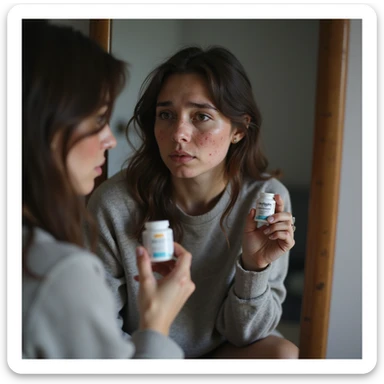 hyperrealistic 4K vertical 9:16 woman sitting in front of a mirror, holding Metformin in hand, looking at her face still marked by acne and hairiness, discouraged expression, domestic environment sticker