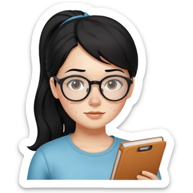안경 쓰고있는 검은색 머리 한쪽만 포니테일하고 잇는 여자애를 그려줘 주근깨도 좀더 못생기게 sticker