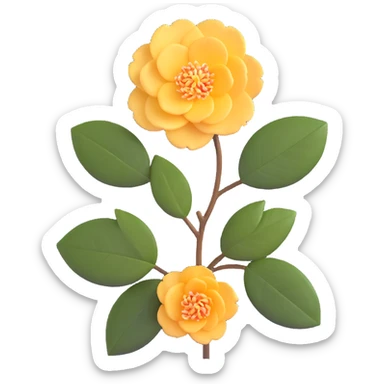 vibrant red Japanese camellia flower with golden center sticker