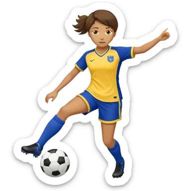 Female soccer player kicking a soccer ball with a royal blue kit with yellow trim on shoulder and shorts sticker
