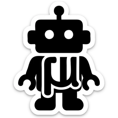 solid filled icon of a blue lowercase mu symbol with a toy-styled robot behind it sticker