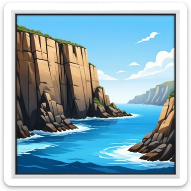 The background features rugged cliffs, clear blue water, and a bright sky, emphasizing the excitement and danger of the sport with a sense of freedom and adventure. sticker