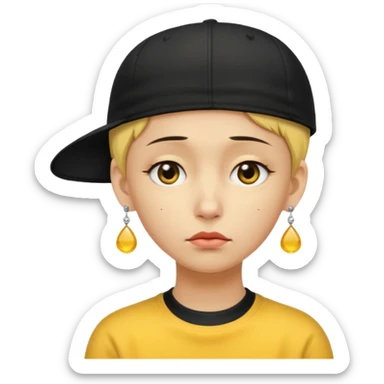 Create me an emoji like that, sad, with earrings, a black cap backwards, yellow skin like an emoji, and short hair down to the nape of my neck. sticker