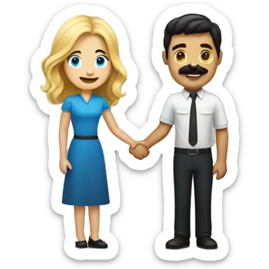 blond blue eyed woman shaking hands with dark hair dark eyed man with mustache sticker