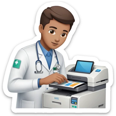 IT technician fixing a printer in hospital sticker