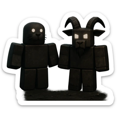 A seal and a goat designed as stylized Roblox characters in the dark and mysterious atmosphere of the popular Roblox game 'Forsaken', with a gloomy and eerie environment, blocky and stylized game characters, dark map background sticker