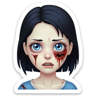 zombie girl with black hair, with a blue eye sticker