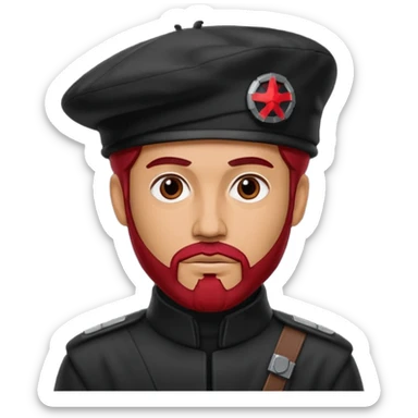 A tall guy with a red goatee. He wears a black baret dressed like a star wars smuggler  sticker