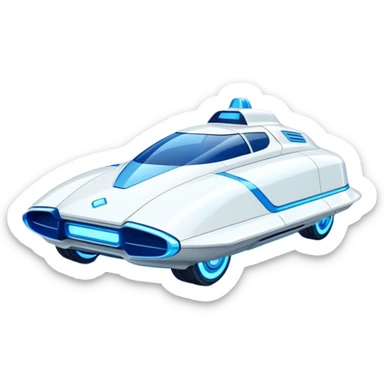 Futuristic retro hover car with angular design and glowing blue wheels, flat vector style, minimal color palette with blue highlights sticker