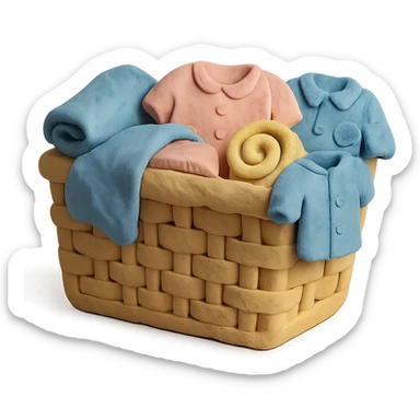 laundry basket with towels and shirts peeking out, pastel colors, claymation style sticker