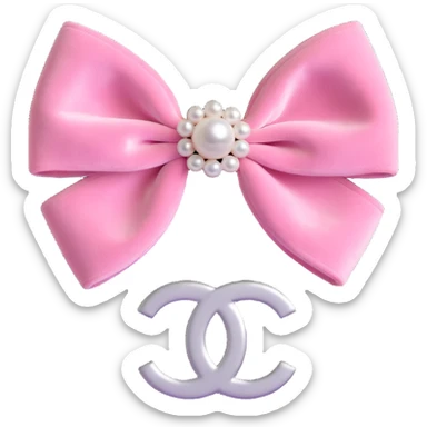 Change the double-layered velvet bow to pink, keep pearls and silver Chanel logo, elegant, glossy, black and white, 3D emoji style, with no background sticker