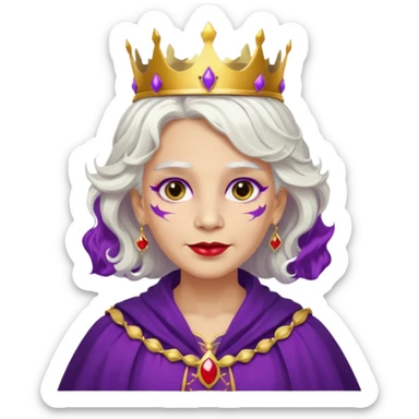 Queen with wavy white hair – golden crown, purple robe, red face paint mark sticker