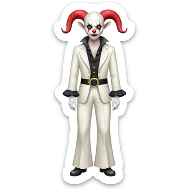full-body demonic clown in a white leisure suit with bellbottom pants, bald, with black ram horns, flashy belt, ruffled shirt, no neck tie sticker
