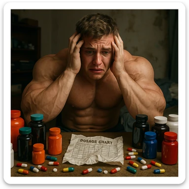 realistic young bodybuilder with swollen but disproportionate muscles, surrounded by colorful bottles and pills, desperate expression, crumpled dosage chart, failure atmosphere, messy room background, 4K quality sticker