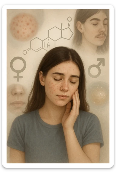 A young woman is surrounded by faint overlays of hormonal symbols and androgen molecules, with shadowy images of acne, facial hair, and oily skin projected around her, symbolizing the symptoms of PCOS with androgen excess. She looks down, gently touching her face with a resigned but hopeful expression, symbolizing her journey toward managing these symptoms. in italiano sticker