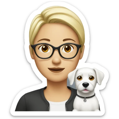 Woman with glasses and white dog sticker