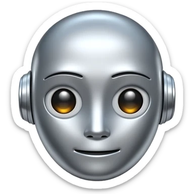 A cute futuristic robot emoji made of silver chrome, rounded friendly body, minimal facial features, glossy metallic surface, soft reflections, iOS emoji style, centered, clean white background sticker