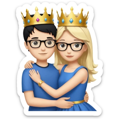 Boy in purple with black glasses and back hair hugging a blonde girl with a blue dress and gold crown sticker