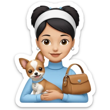 tan skin woman, with very short black hair in a slicked back ponytail with forehead showing, with white headband, wearing solid pastel blue turtleneck shirt, smiling carrying brown-white furry chihuahua papillon dog inside dog purse sticker
