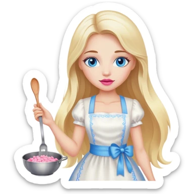 Cinematic realistic beautiful blonde with long hair, blue eyes and pink lips in a white dress cooks sticker