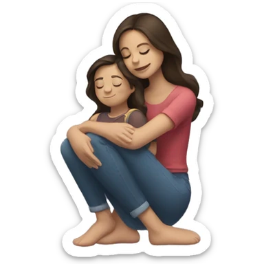 A brunette in her 20s hugging a child version of herself with closed eyes and sitting on her knees sticker