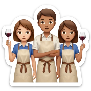 Make a photo of 5 project managers, specifically 3 girls with brown hair and 2 boys, that are making project for improvement of the winery sticker