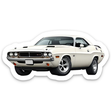 Pristine white 1971 Dodge Challenger with perfect structure, accurate three-quarter 30-degree view showing detailed headlights and grille, classic muscle car silhouette, completely white, iOS emoji style sticker