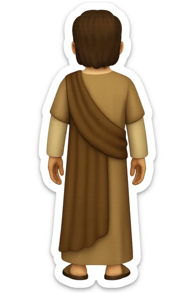 Edit the image to show a back view, centered full body, facing away, in classic emoji style. Depict apostle Peter with short hair, no hood, arms down by sides, smiling, detailed beard, wearing long sleeve brown clothes with beige details and a cape. No background. sticker