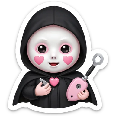 > "Cute chibi Ghostface with big shiny eyes, blush on mask, small rounded body, black cloak with heart buttons, holding a toy knife or pink phone. Pastel colors, kawaii style, soft sparkly background." sticker