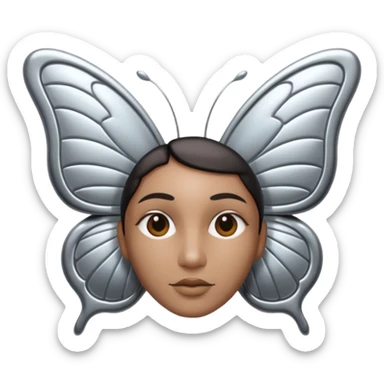 Liquid metal butterfly emoji, silver chrome material, iOS emoji style, smooth curves, reflective surface, elegant and minimal, white background sticker